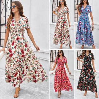 Women's Floral Print V Neck Maxi Dress Short Flare Sleeve Smocked High Waist Boho Split Long Ruffle Dresses Summer Beach Vacation Elegant Party Sundress