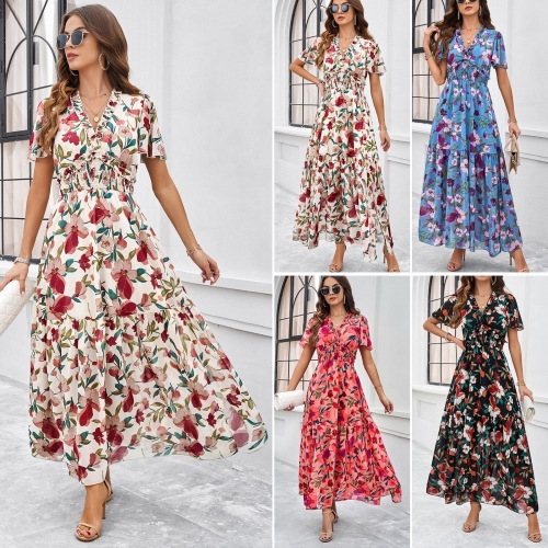 Women's Floral Print V Neck Maxi Dress Short Flare Sleeve Smocked High Waist Boho Split Long Ruffle Dresses Summer Beach Vacation Elegant Party Sundress