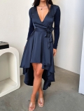 Women's Elegant Navy Blue Satin Long Dress V-Neck Long Sleeve Tie Waist Asymmetrical Hem High Low Wrap Dress For Autumn Winter Party Casual