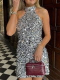 Women's Elegant Silver Sequin Halter Mini Dress Sleeveless Bodycon Backless Party Gown Sparkly Night Out Clubwear Sexy Cocktail Dress