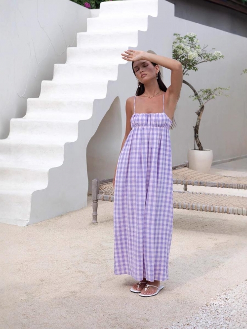 Women's Summer Gingham Slip Maxi Dress Casual Polyester Sleeveless High Waist A-Line Long Dress With Pockets Purple White Plaid Resort Vacation Beachwear
