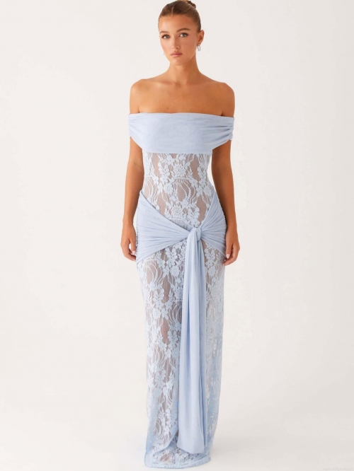 Sexy Lace Maxi Dress For Women Off Shoulder See Through Bodycon Evening Party Gown With Waist Tie Light Blue Floral Hollow Out Dress