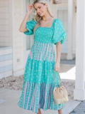 Women Floral Maxi Dress Puff Sleeve Square Neck Smocked Waist Tiered Long Dresses Summer Vacation Beach Party Streetwear Polyester Outfits