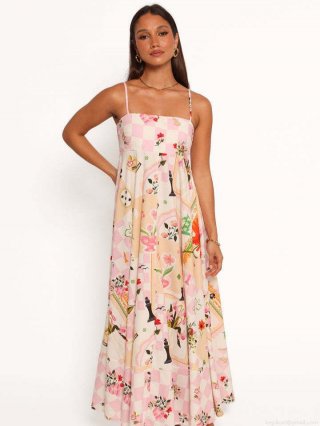 Women's Camisole Maxi Dress Pink Checkerboard Floral Print Polyester Spandex Smocked Back Long Dress For Party Vacation Streetwear