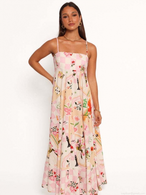 Women's Camisole Maxi Dress Pink Checkerboard Floral Print Polyester Spandex Smocked Back Long Dress For Party Vacation Streetwear