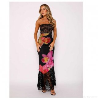 Women's Sexy Bandeau Maxi Dress Lace Floral Print Backless Slim Fit Evening Party Gown Elegant Sleeveless Long Dress for Wedding Date Summer