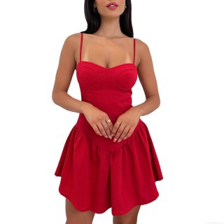 Women's Sexy Corset Camisole Mini Dress Ruffle Hem Solid Color Sleeveless Polyester Spandex Bodycon Summer Sundress for Club Party Night Out