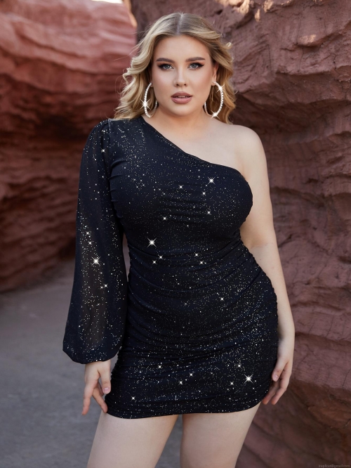 Women's Plus Size One-Shoulder Sequin Party Dress Sexy Long Sleeve Pleated Bodycon Mini Dress For Night Out Clubwear Wedding Celebration