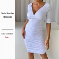 Sexy Women White Ruched Polyester Midi Dress Deep V Neck 3/4 Sleeve Backless Bodycon Party Dress Elegant Slim Fit Solid Evening Gown