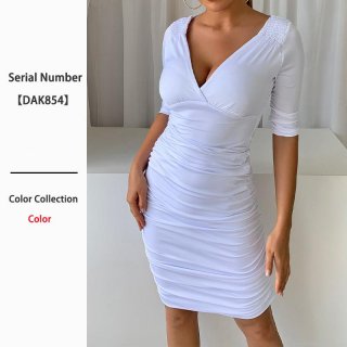 Sexy Women White Ruched Polyester Midi Dress Deep V Neck 3/4 Sleeve Backless Bodycon Party Dress Elegant Slim Fit Solid Evening Gown