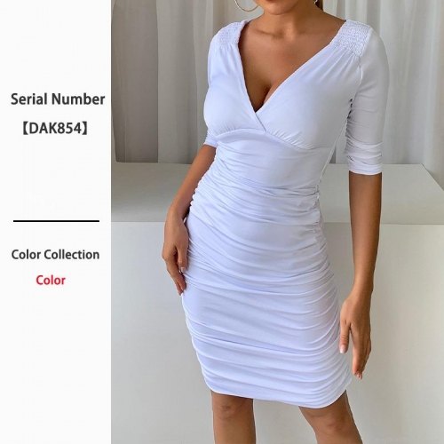 Sexy Women White Ruched Polyester Midi Dress Deep V Neck 3/4 Sleeve Backless Bodycon Party Dress Elegant Slim Fit Solid Evening Gown