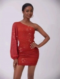 Women's Sexy One Shoulder Sequin Mini Dress Long Lantern Sleeve Ruched Bodycon Party Nightclub Dress Glitter Polyester Backless Cocktail Dress For Ladies