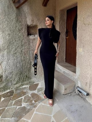 Elegant Sleeveless Maxi Dress For Women Padded Shoulder Back Slit Polyester Spandex Slim Fit Solid Color Party Evening Dress