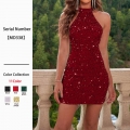 Women's Sexy Velvet Sequin Halter Mini Dress Sparkly Backless Bodycon Cocktail Party Homecoming Dresses Sleeveless Clubwear