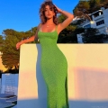Women's Sexy Backless Green Sparkly Knit Maxi Dress Halter Split Bodycon Evening Party Long Dress Elegant Cotton Blend Gown