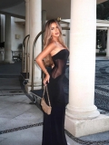 Sexy Strapless Mesh Splicing See Through Bodycon Maxi Dress For Women Summer Evening Party Elegant Solid Black Clubwear Sleeveless Long Dress