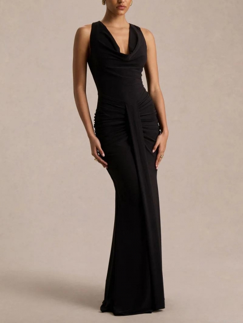 Women's Sexy Cowl Neck Ruched Evening Dress Sleeveless High Waist Slim Fit Solid Color Maxi Party Gown for Banquet Wedding