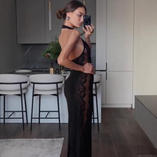 Women's Sexy Halter Maxi Dress with Lace Patchwork See-through Side Backless Slim Fit Polyester Evening Party Long Dress