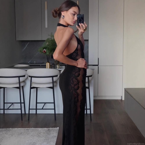 Women's Sexy Halter Maxi Dress with Lace Patchwork See-through Side Backless Slim Fit Polyester Evening Party Long Dress