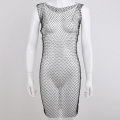 Women's Sexy Rhinestone Mesh Midi Dress Sleeveless Round Neck Bodycon Clubwear Party Night Out See Through Fishnet Dress