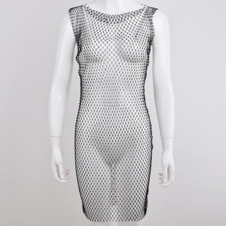 Women's Sexy Rhinestone Mesh Midi Dress Sleeveless Round Neck Bodycon Clubwear Party Night Out See Through Fishnet Dress