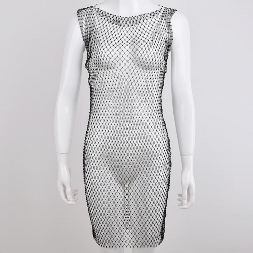 Women's Sexy Rhinestone Mesh Midi Dress Sleeveless Round Neck Bodycon Clubwear Party Night Out See Through Fishnet Dress