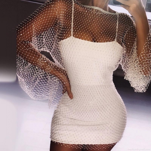 Women's Sexy Sparkly Rhinestone Mesh Fishnet Mini Dress Long Sleeve Sheer Round Neck Bodycon Clubwear Party Nightclub Short Dress