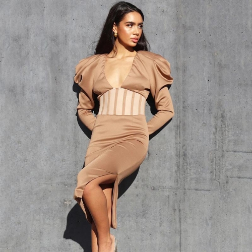 Women's Sexy V-Neck Bodycon Midi Dress With Mesh Splicing Long Puff Sleeve Perspective Waist Split Hem Elegant Evening Party Dress For Ladies
