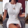 Women's Sexy Ruched Bodycon Dress Solid Color Round Neck Short Sleeve Drawstring Mini Club Party Dress High Stretch Skinny Nightclub Clothing