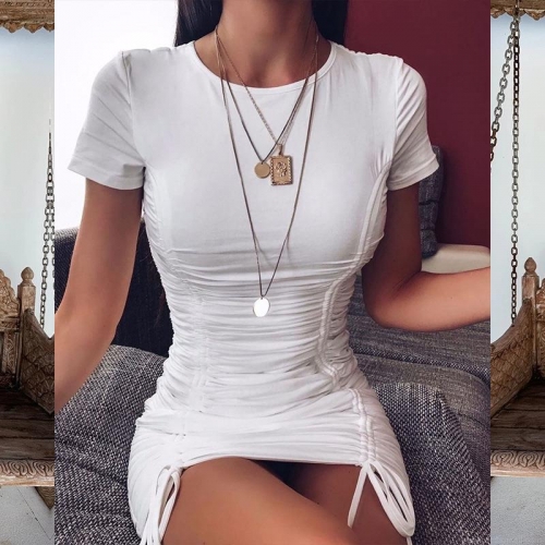Women's Sexy Ruched Bodycon Dress Solid Color Round Neck Short Sleeve Drawstring Mini Club Party Dress High Stretch Skinny Nightclub Clothing