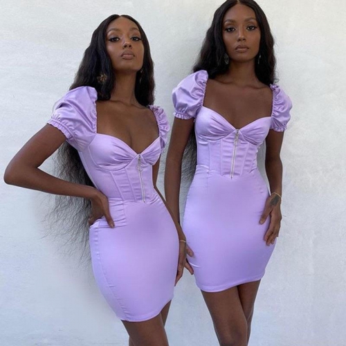 Women's Sexy Satin Bodycon Mini Dress With Front Zipper Bubble Short Sleeves Elegant Deep V Neck Party Dress For Ladies Streetwear