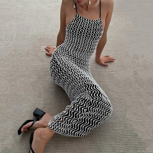 Women Sexy Backless Maxi Dress Bohemian Black And White Wave Print Camisole Dress Sleeveless Bodycon Long Dress For Summer Vacation Party Streetwear Knit Dress