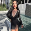Women Sexy V Neck Long Sleeve Mini Dress Rhinestone Mesh Patchwork Bodycon Slit Party Club Evening Dress