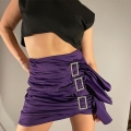 Women's Sexy Ruched Bodycon Mini Skirt High Waist Satin Skirt With Three Square Rhinestone Buckles For Party Nightclub Clubwear