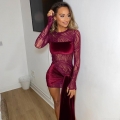 Women Sexy Wine Red Velvet Mesh Splicing Mini Dress Long Sleeve Perspective Bodycon Bandage Short Dress For Party Club Night Out Streetwear