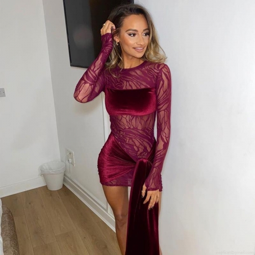 Women Sexy Wine Red Velvet Mesh Splicing Mini Dress Long Sleeve Perspective Bodycon Bandage Short Dress For Party Club Night Out Streetwear