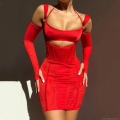Women Sexy Polyester Bodycon Mini Dress With Hollow Out Corset Waist Backless Lace Up Detachable Long Sleeves Clubwear Party Dress
