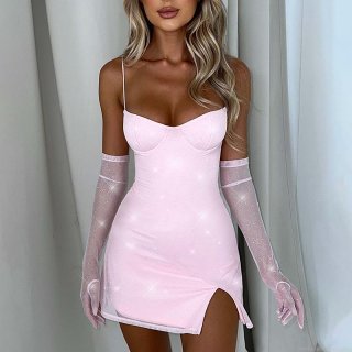 Sexy Sparkling Silver Stamping Cami Mini Dress With Mesh Sleeves Women Backless Side Slit High Waist Bodycon Party Clubwear Night Out Short Dress