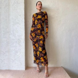 Women Sexy Mesh Sheer Maxi Dress Long Sleeve Abstract Floral Printed Side Split Party Dress With Contrast Blue Overlock Stitching Slim Fit Clubwear