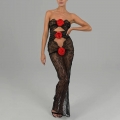 Sexy Lace Patchwork Maxi Dress With 3D Rose Flower Hollow Out Transparent Tube Top Off-Shoulder Sheath Party Evening Dress For Women