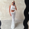 Sexy Women Lace Hollow Out Maxi Dress Sleeveless Round Neck Ruffle Hem Long Dresses High Waist Bodycon Outfits For Party Club Night Out