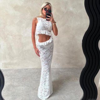 Sexy Women Lace Hollow Out Maxi Dress Sleeveless Round Neck Ruffle Hem Long Dresses High Waist Bodycon Outfits For Party Club Night Out
