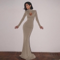 Elegant High Neck Mermaid Maxi Dress Polyester Lurex Sparkly Long Sleeve Keyhole Hollow Out Bodycon Evening Party Gown For Women