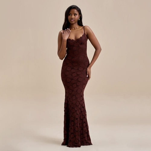 Sexy Backless Lace Bodycon Maxi Dress Polyester Blend Floral Spaghetti Strap High Waist Elegant Evening Party Club Wedding Guest Dress For Women