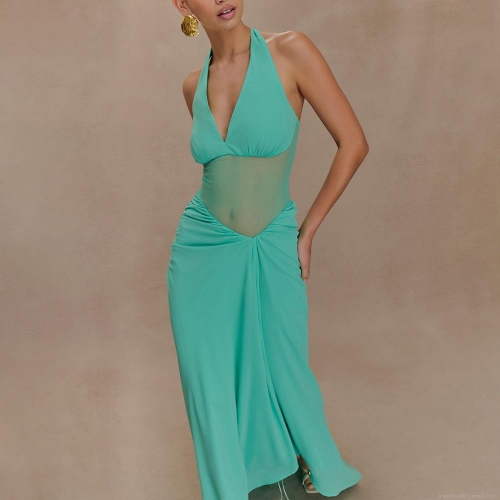 Women Sexy Deep V Halter Maxi Dress See-Through Mesh Patchwork Backless Chiffon Long Evening Party Gown Summer Beach Vacation Wear