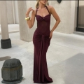 Women Sexy Halter Neck Backless Maxi Dress Polyester Mesh Stitching Ruched Bodycon Evening Party Long Dress Solid Color Sleeveless Clubwear
