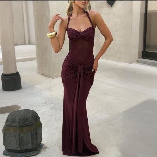 Women Sexy Halter Neck Backless Maxi Dress Polyester Mesh Stitching Ruched Bodycon Evening Party Long Dress Solid Color Sleeveless Clubwear