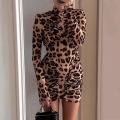 Women's Sexy Leopard Print Mock Neck Long Sleeve Mini Dress Ruched Backless Bodycon Club Party Dress Slim Fit Polyester Blend Dress