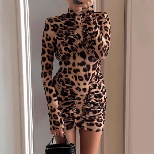 Women's Sexy Leopard Print Mock Neck Long Sleeve Mini Dress Ruched Backless Bodycon Club Party Dress Slim Fit Polyester Blend Dress