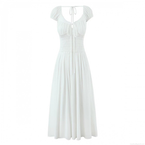 Women's Sexy White Backless Smocked Maxi Dress Puff Sleeve Lace-up V-Neck Shirred Bust Long Dress For Wedding Party Vacation Beach Elegant Nylon Spandex Polyester Clothing